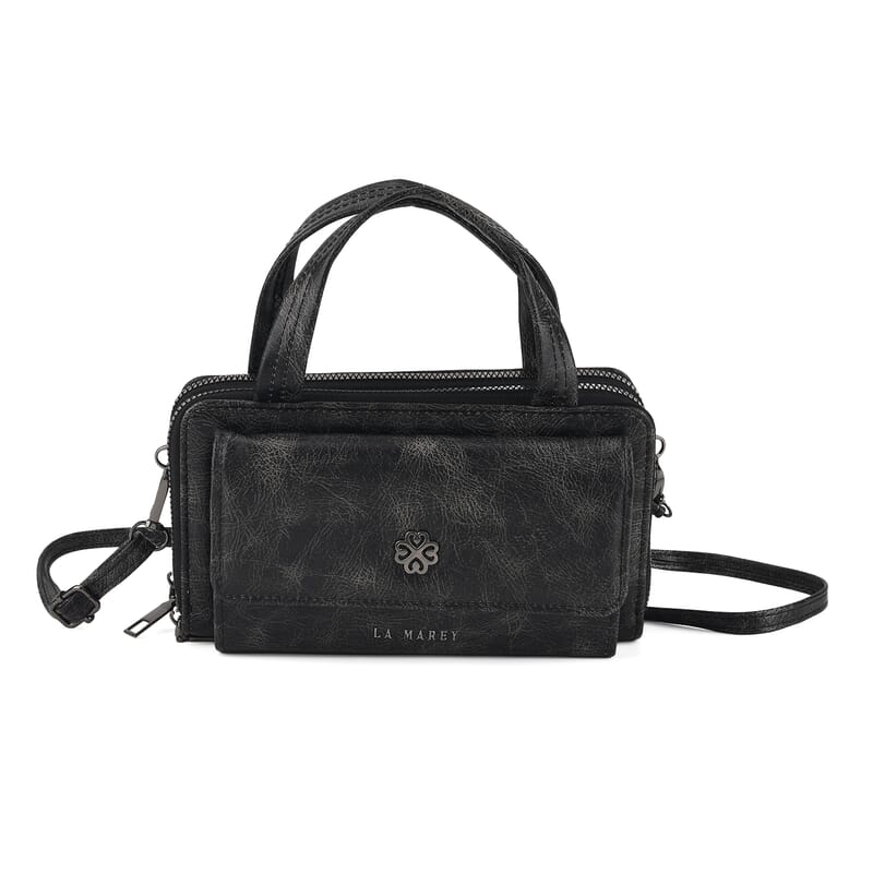 La Marey Black Faux Leather Oilskin Double Zipper Phone Wallet with Shoulder Strap