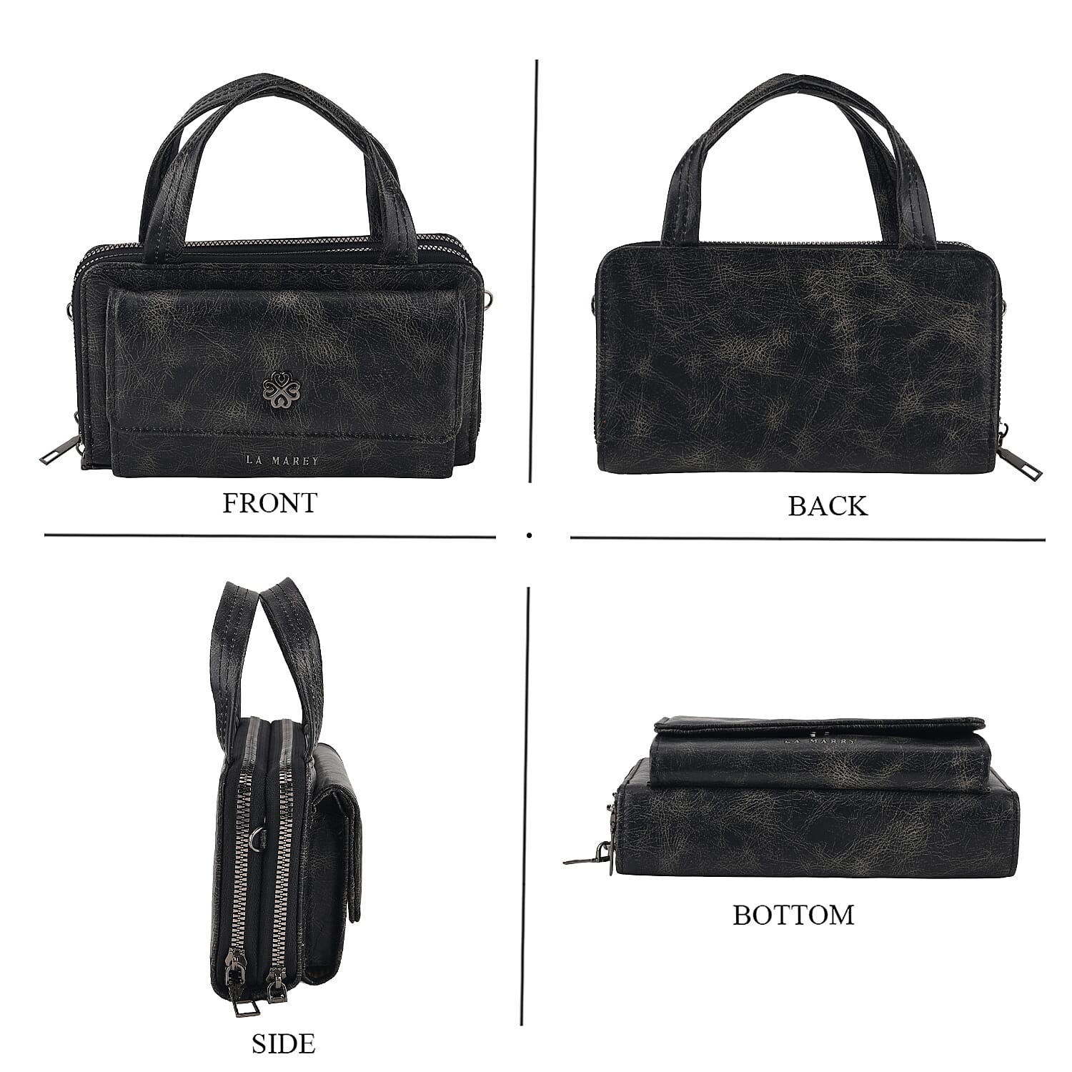La Marey Black Faux Leather Oilskin Double Zipper Phone Wallet with Shoulder Strap