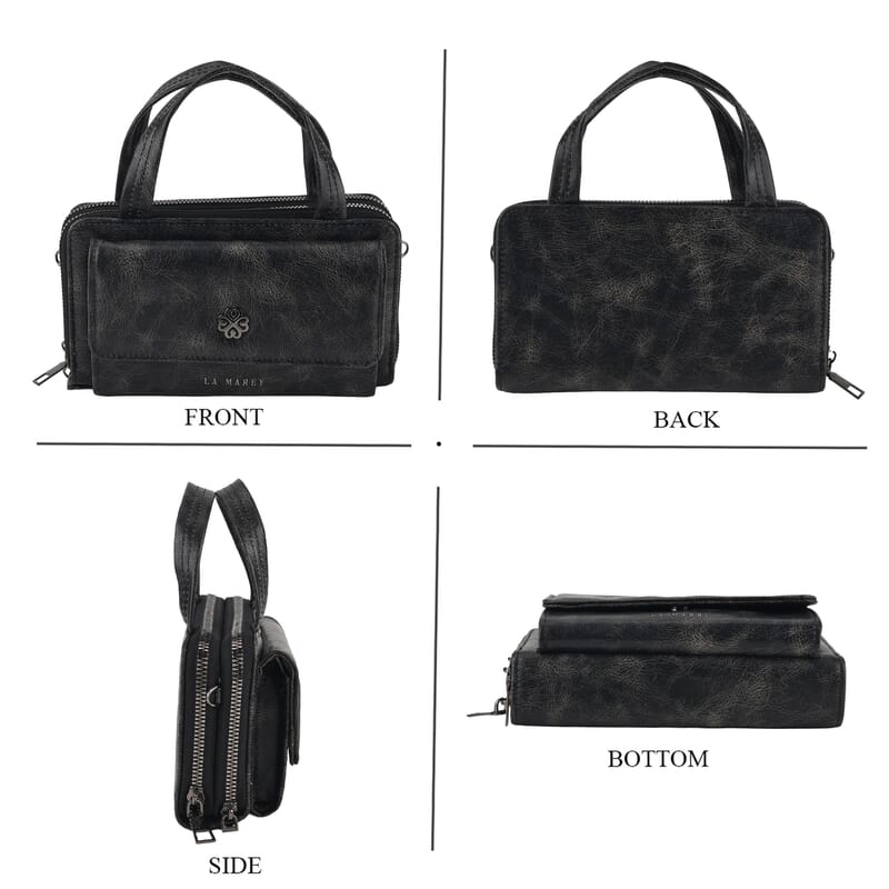 La Marey Black Faux Leather Oilskin Double Zipper Phone Wallet with Shoulder Strap
