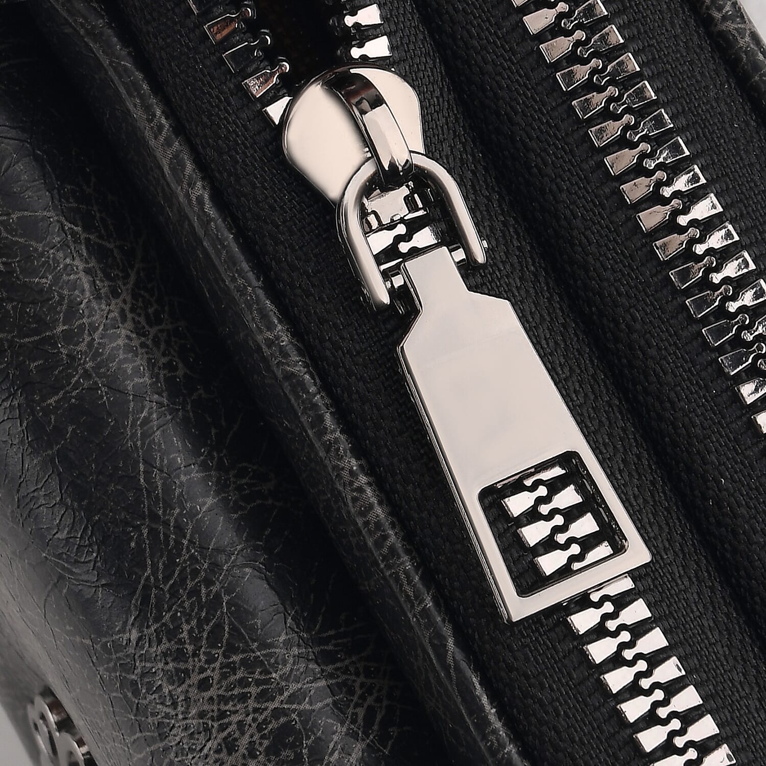 La Marey Black Faux Leather Oilskin Double Zipper Phone Wallet with Shoulder Strap