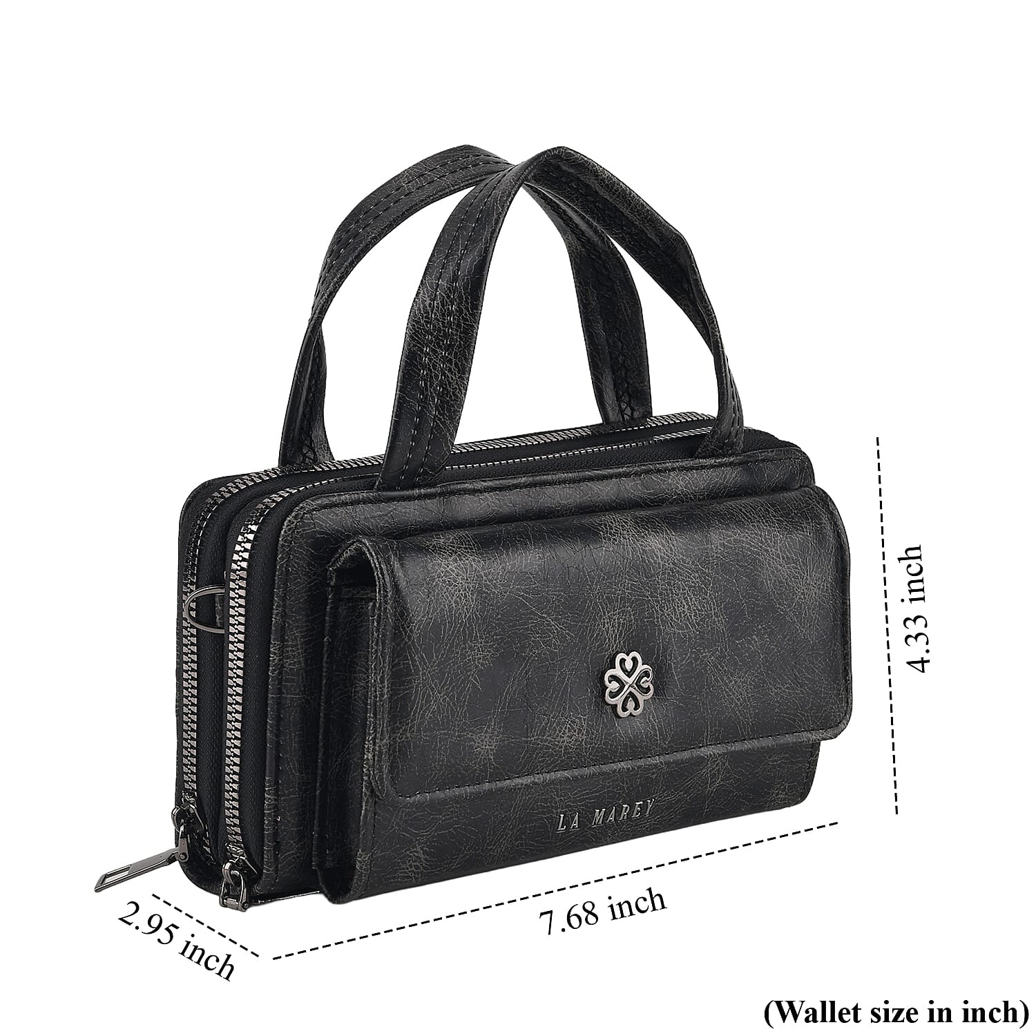 La Marey Black Faux Leather Oilskin Double Zipper Phone Wallet with Shoulder Strap