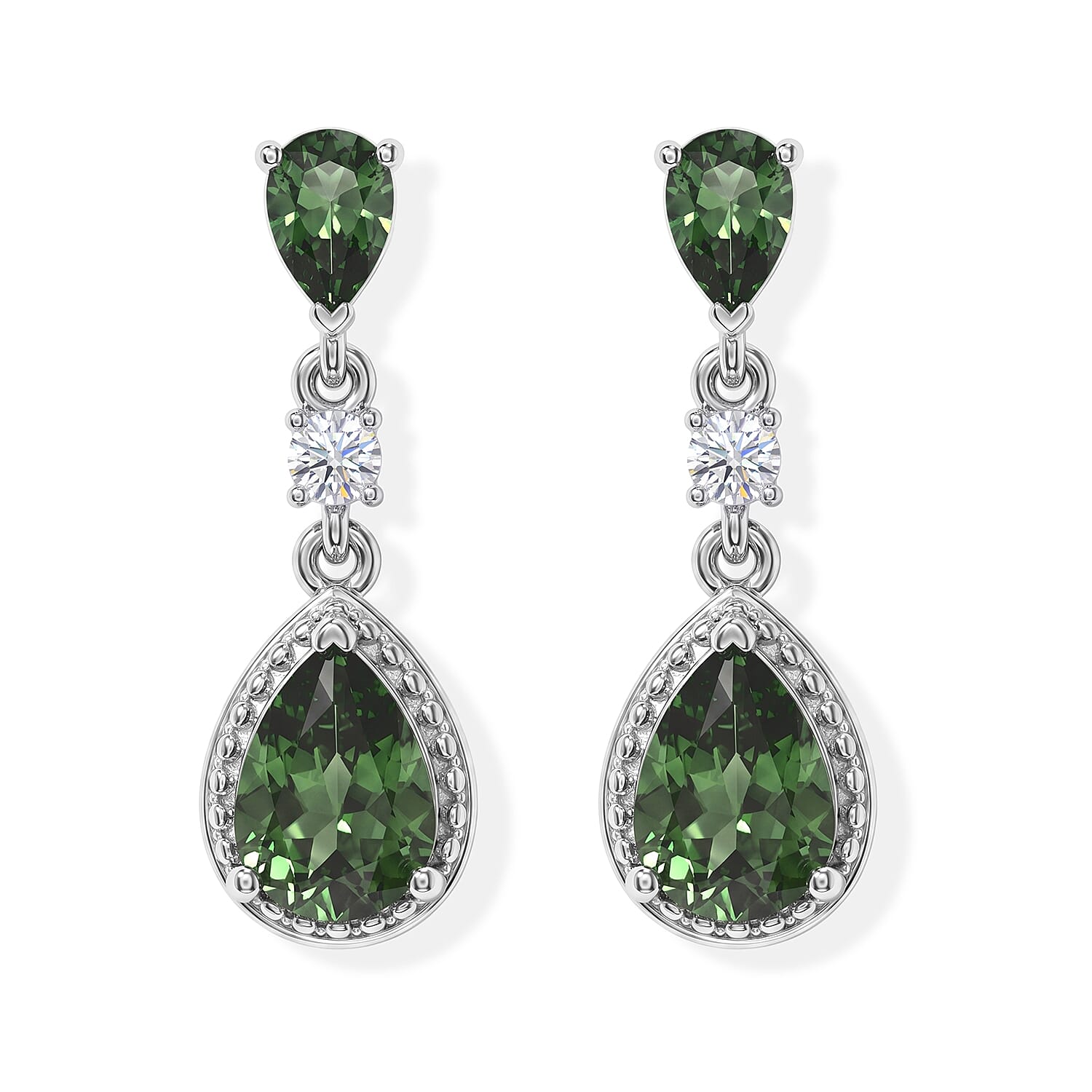Natural Green Apatite and Moissanite 2.10 ctw Dangling Earrings in Rhodium Over Sterling Silver