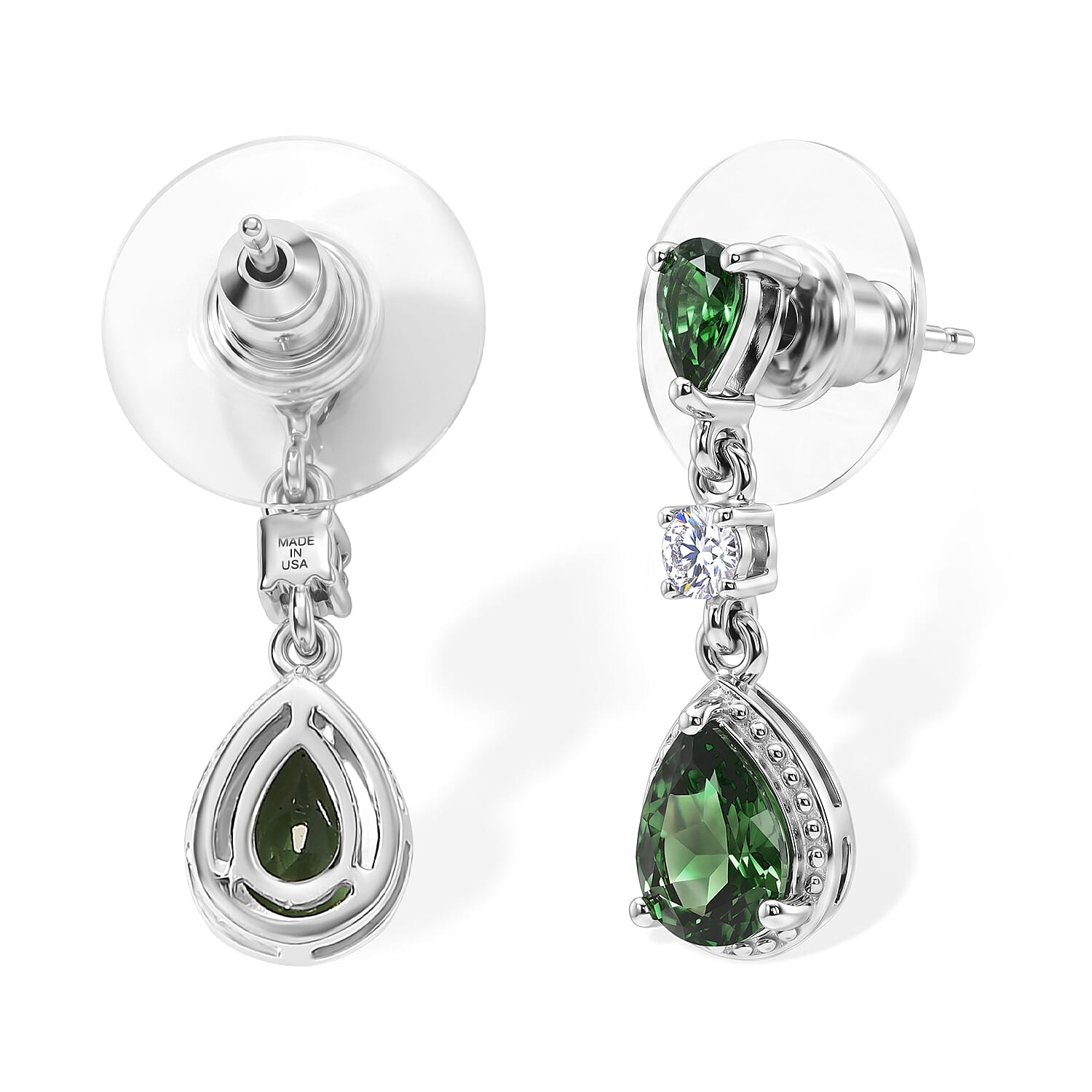 Natural Green Apatite and Moissanite 2.10 ctw Dangling Earrings in Rhodium Over Sterling Silver