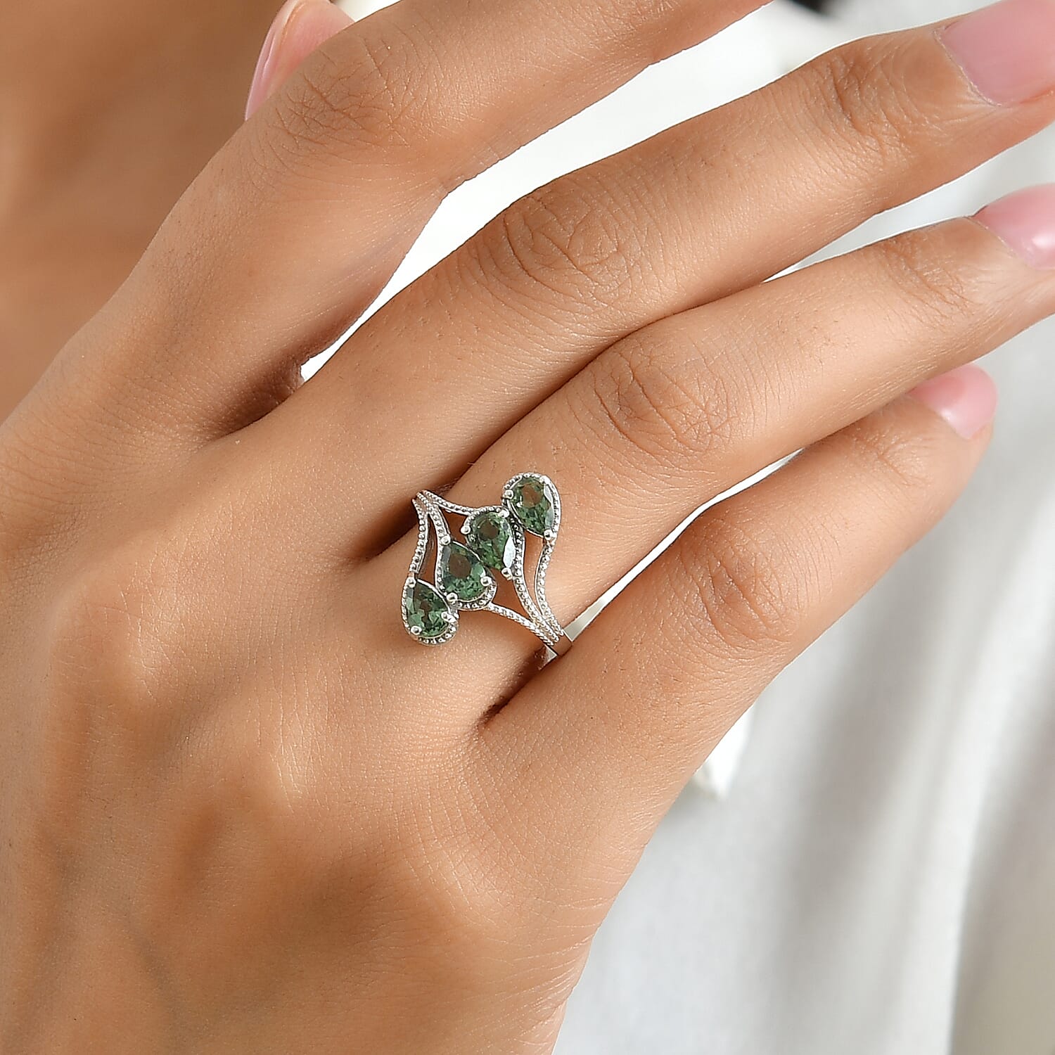 D'Joy Natural Green Apatite 1.70 ctw Ring in Rhodium Over Sterling Silver (Size 6.0)