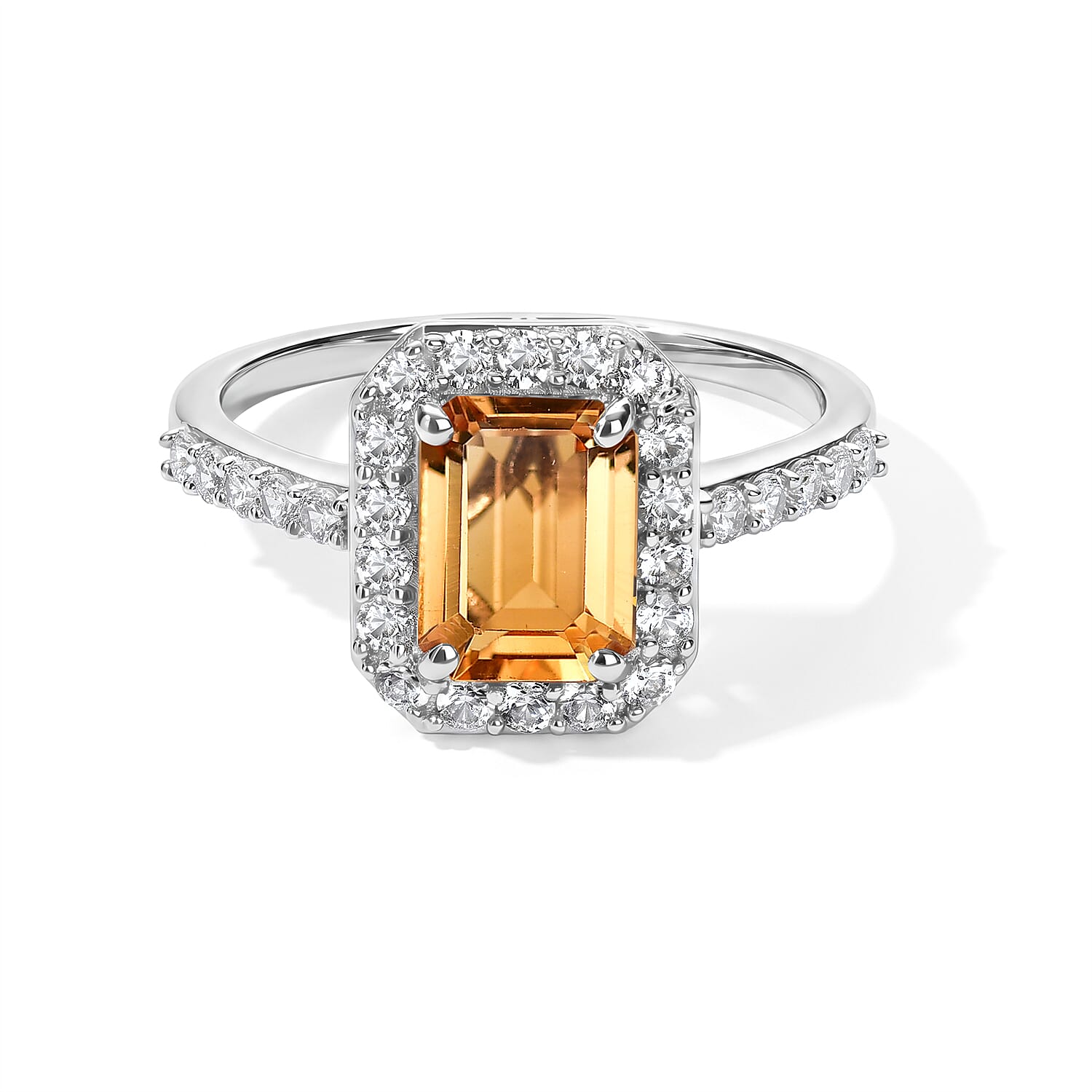 Brazilian Citrine and White Zircon 2.00 ctw Halo Ring in Rhodium Over Sterling Silver (Size 6.0)