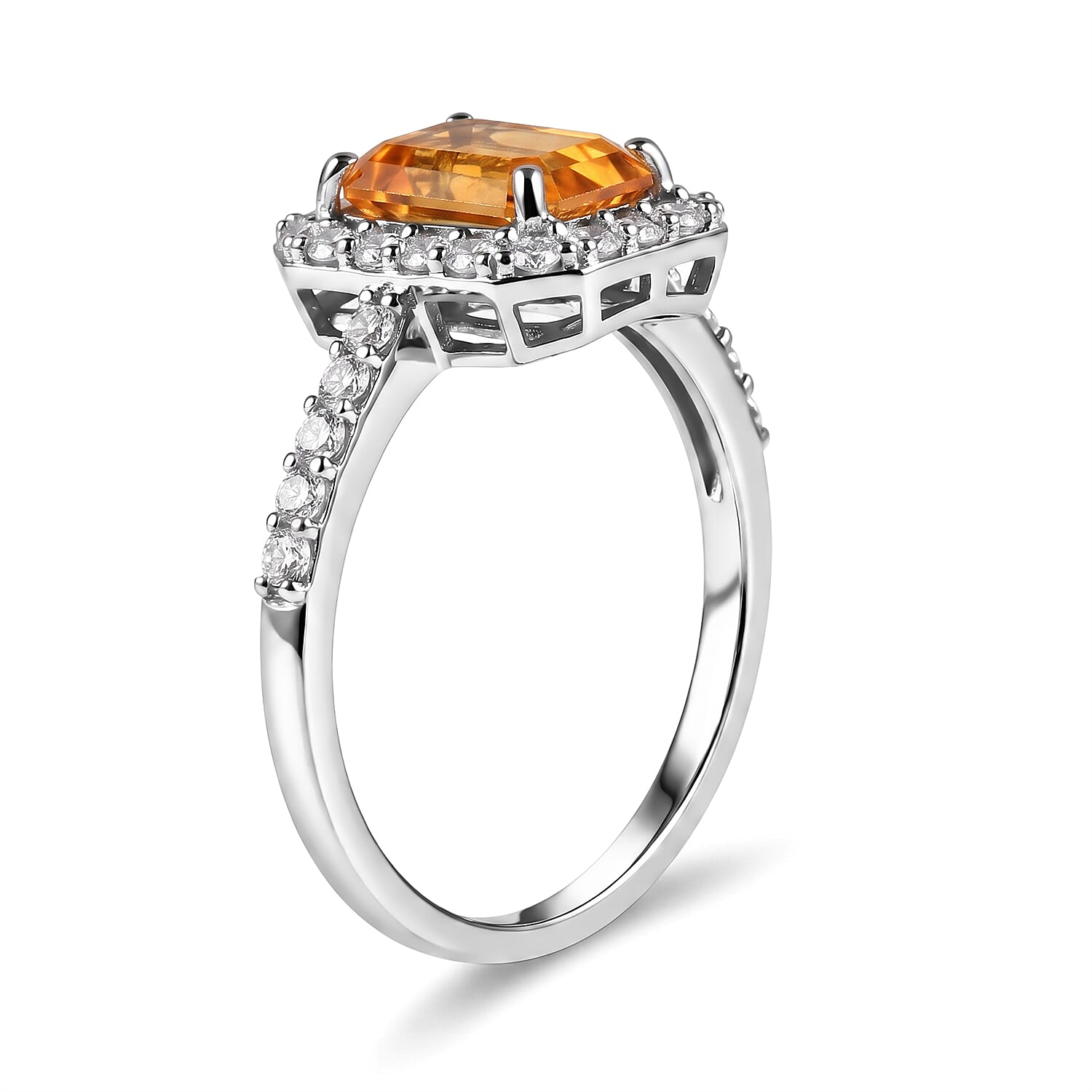 Brazilian Citrine and White Zircon 2.00 ctw Halo Ring in Rhodium Over Sterling Silver (Size 6.0)