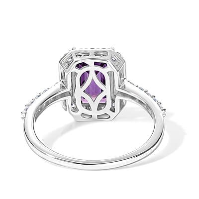 African Amethyst and White Zircon 2.40 ctw Halo Ring in Rhodium Over Sterling Silver (Size 8.0)