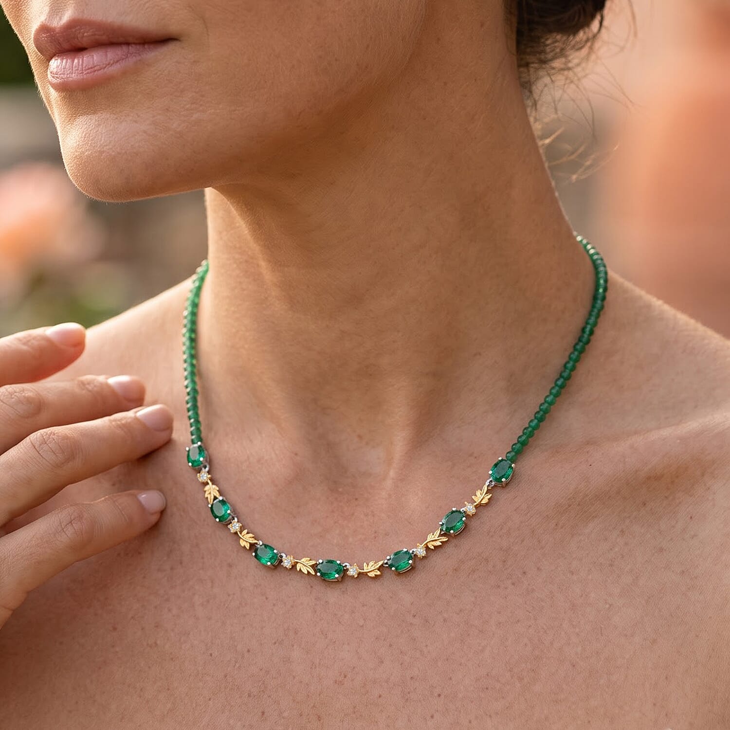 EverTrue Emeraldine Quartz (Triplet) and Multi Gemstone 27.65 ctw Station Necklace (18 Inches) in 18K YG Plated and Platinum Bond