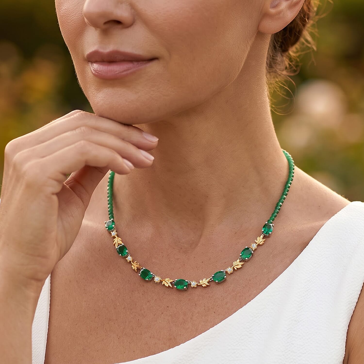 EverTrue Emeraldine Quartz (Triplet) and Multi Gemstone 27.65 ctw Station Necklace (18 Inches) in 18K YG Plated and Platinum Bond