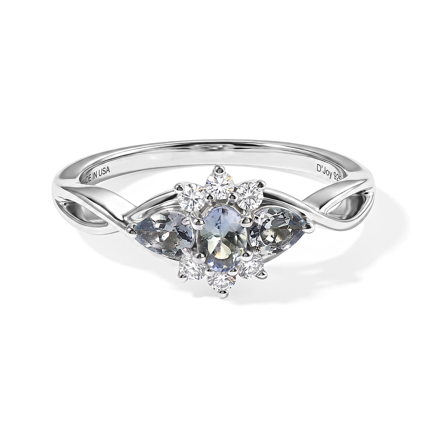 D'Joy Green Tanzanite and White Zircon 0.70 ctw Cluster Ring in Rhodium Over Sterling Silver (Size 6.0)