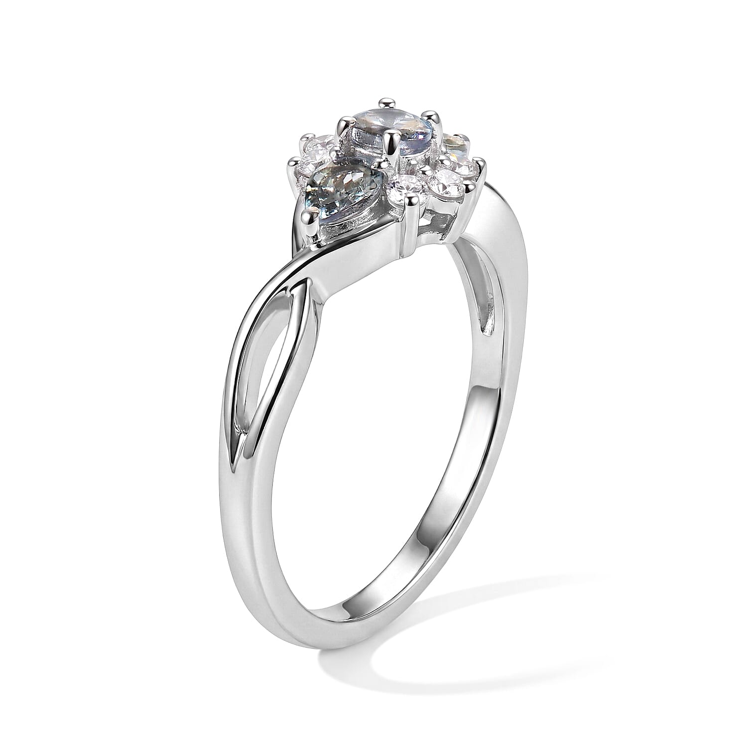 D'Joy Green Tanzanite and White Zircon 0.70 ctw Cluster Ring in Rhodium Over Sterling Silver (Size 6.0)