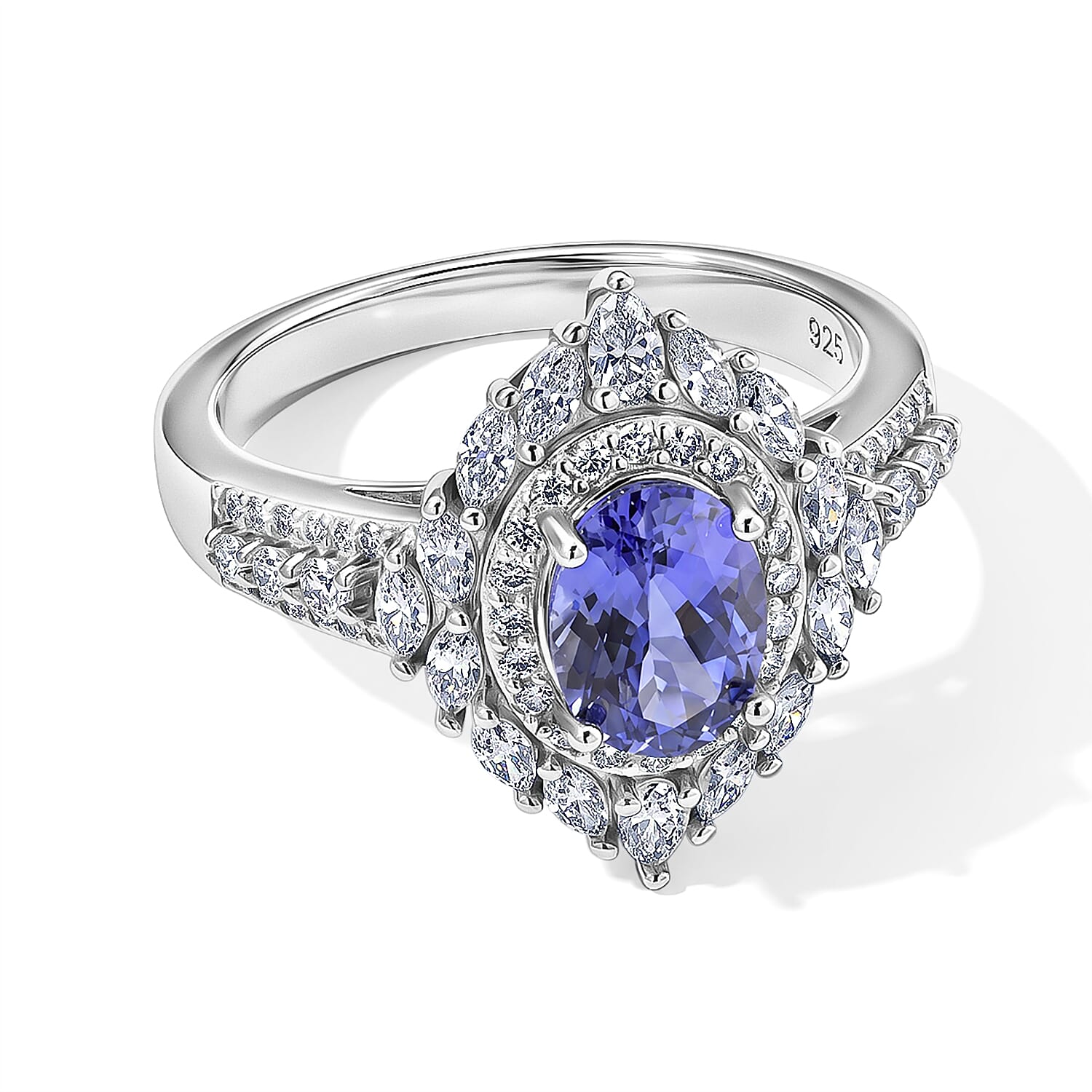 D'Joy Tanzanite and Moissanite 2.10 ctw Ring in Rhodium Over Sterling Silver (Size 10.0)