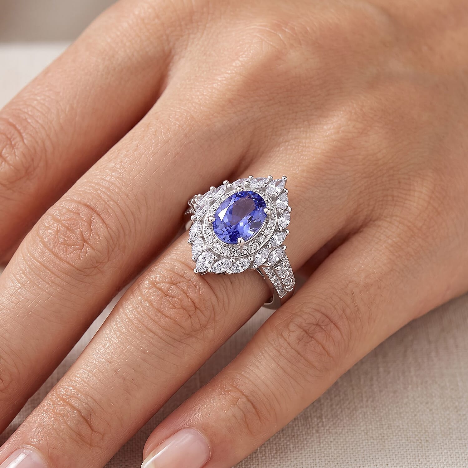 D'Joy Tanzanite and Moissanite 2.10 ctw Ring in Rhodium Over Sterling Silver (Size 10.0)