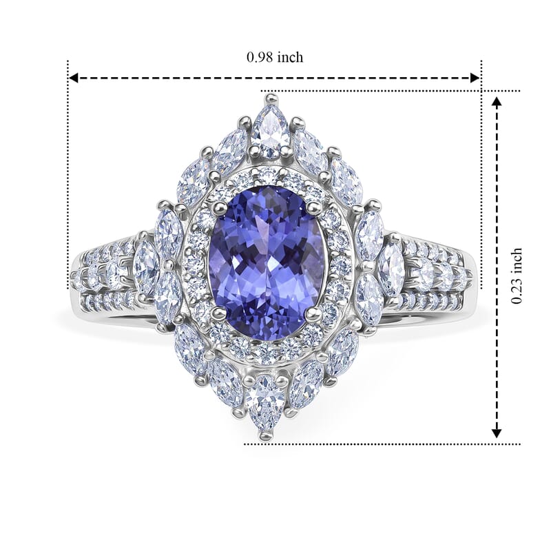 D'Joy Tanzanite and Moissanite 2.10 ctw Ring in Rhodium Over Sterling Silver (Size 10.0)