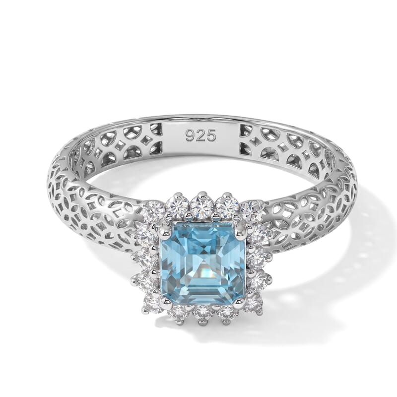 Mirage Collection Premium Asscher Cut Cambodian Blue Zircon and Moissanite 1.60 ctw Ring in Rhodium Over Sterling Silver (Size 5.0)