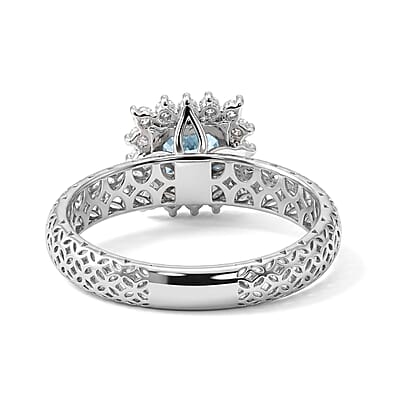 Mirage Collection Premium Asscher Cut Cambodian Blue Zircon and Moissanite 1.60 ctw Ring in Rhodium Over Sterling Silver (Size 5.0)