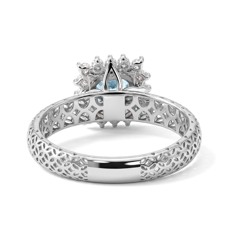 Mirage Collection Premium Asscher Cut Cambodian Blue Zircon and Moissanite 1.60 ctw Ring in Rhodium Over Sterling Silver (Size 5.0)