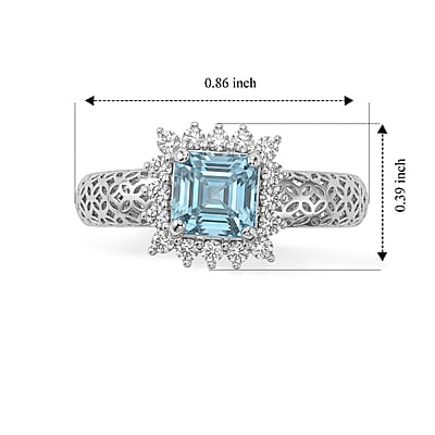 Mirage Collection Premium Asscher Cut Cambodian Blue Zircon and Moissanite 1.60 ctw Ring in Rhodium Over Sterling Silver (Size 5.0)