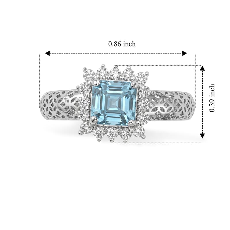 Mirage Collection Premium Asscher Cut Cambodian Blue Zircon and Moissanite 1.60 ctw Ring in Rhodium Over Sterling Silver (Size 5.0)