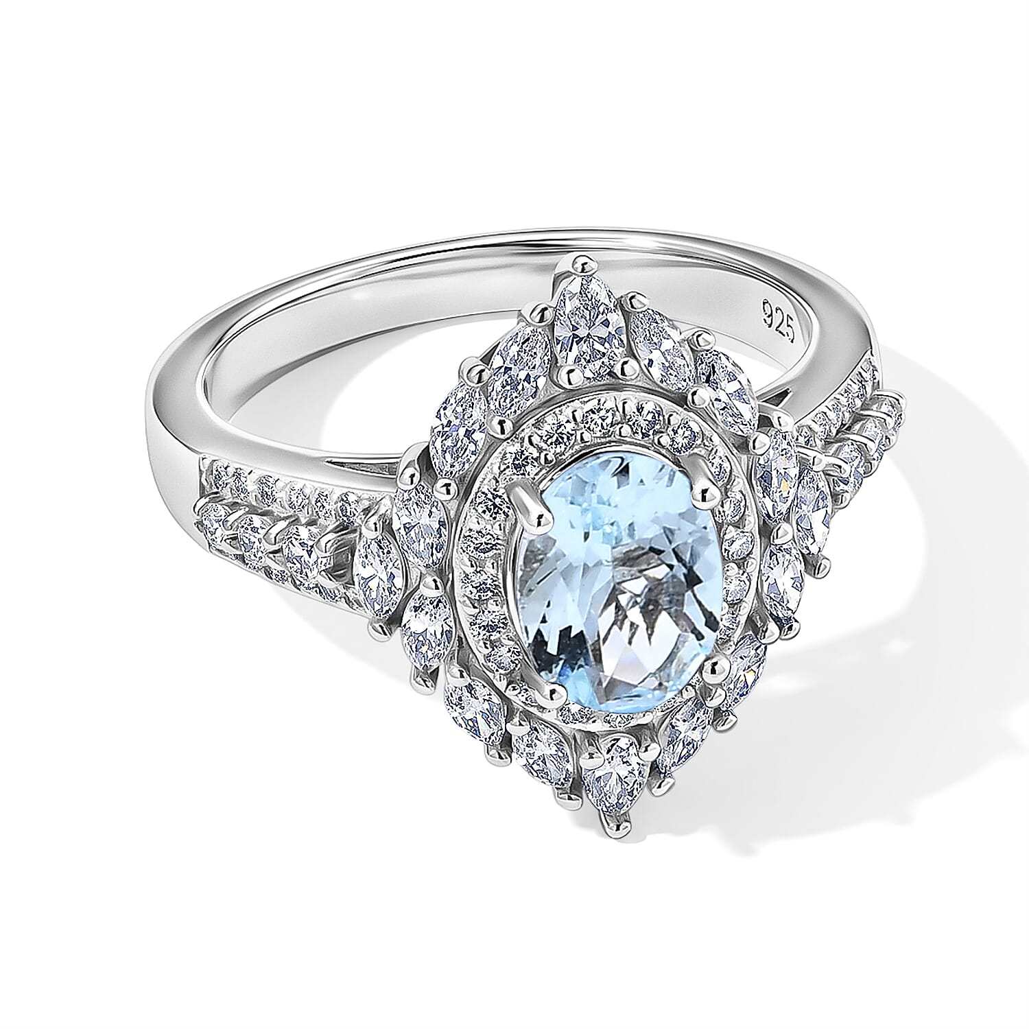 D'Joy Mangoro Aquamarine and Moissanite 1.85 ctw Ring in Rhodium Over Sterling Silver (Size 10.0)