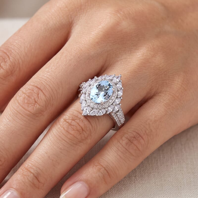 D'Joy Mangoro Aquamarine and Moissanite 1.85 ctw Ring in Rhodium Over Sterling Silver (Size 10.0)