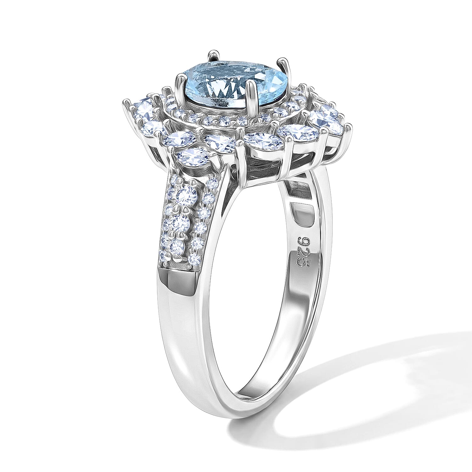 D'Joy Mangoro Aquamarine and Moissanite 1.85 ctw Ring in Rhodium Over Sterling Silver (Size 10.0)