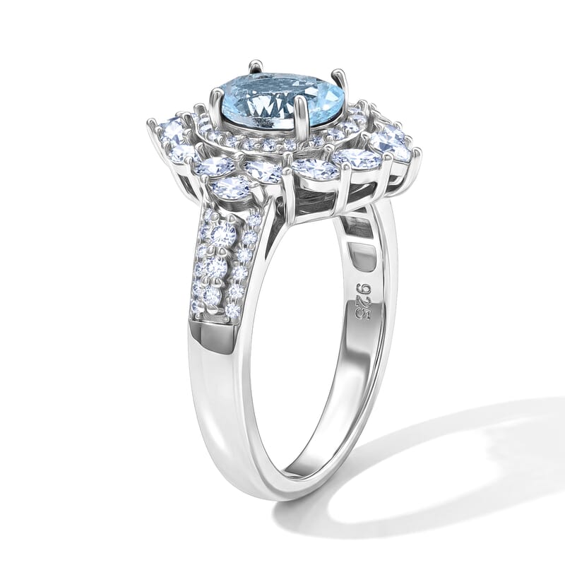 D'Joy Mangoro Aquamarine and Moissanite 1.85 ctw Ring in Rhodium Over Sterling Silver (Size 10.0)