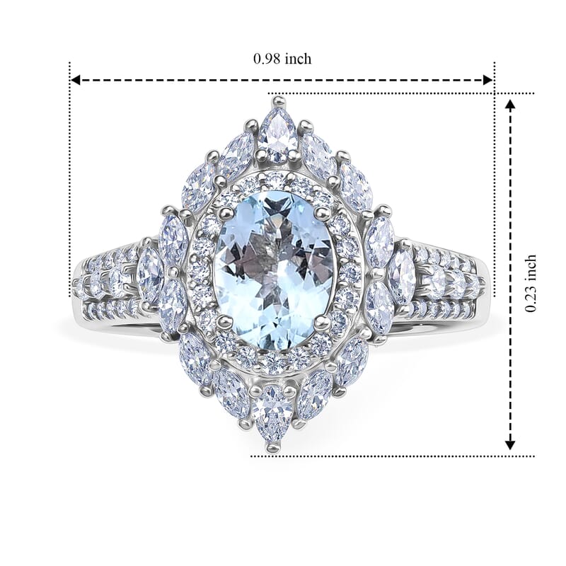 D'Joy Mangoro Aquamarine and Moissanite 1.85 ctw Ring in Rhodium Over Sterling Silver (Size 10.0)