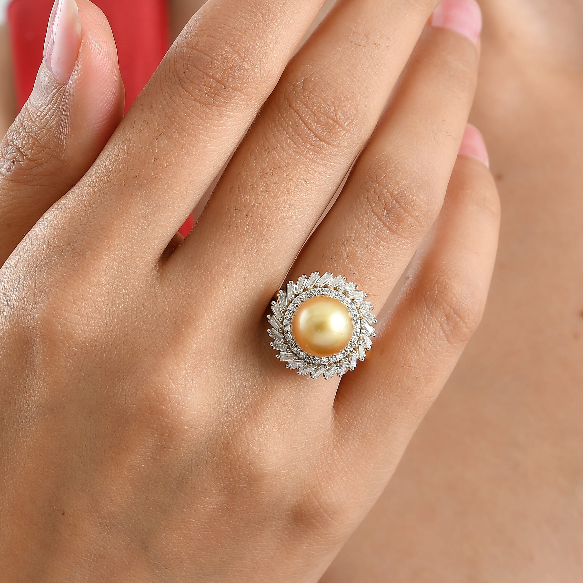 D'Joy Premium South Sea Pearl 10mm and Moissanite 1.50 ctw Halo Ring in 18K Vermeil Yellow Gold Over Sterling Silver (Size 10.0)