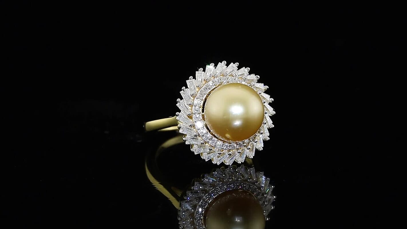 D''Joy Premium South Sea Pearl 10mm,Moissanite Halo Ring in 18K Vermeil YG Over Sterling Silver (Size 10.0) 1.50 ctw