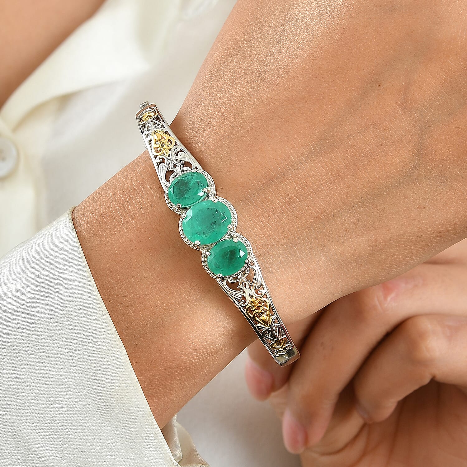 EverTrue Emeraldine Triplet Quartz Full Bangle in 18K YG Plated and Platinum Bond 11.51 ctw