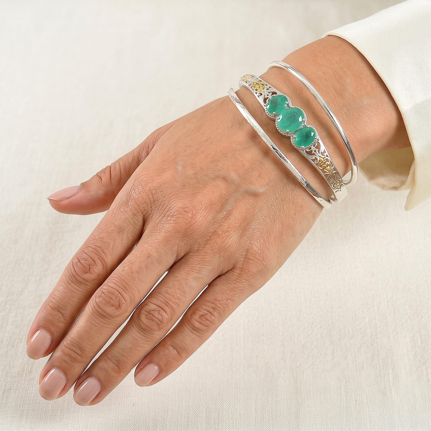 EverTrue Emeraldine Triplet Quartz Full Bangle in 18K YG Plated and Platinum Bond 11.51 ctw