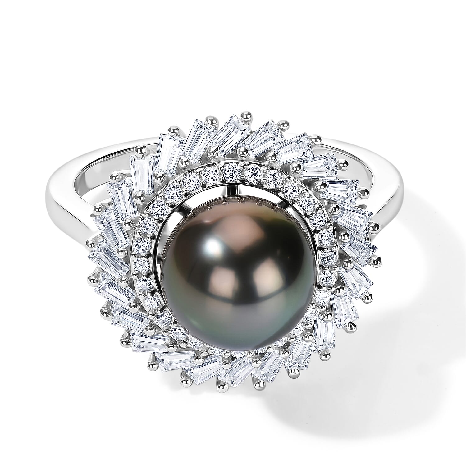 D'Joy Premium Tahitian Pearl and Moissanite 1.40 ctw Halo Ring in Rhodium Over Sterling Silver (Size 10.0)