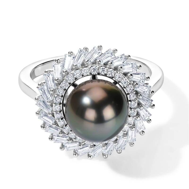 D'Joy Premium Tahitian Pearl and Moissanite 1.40 ctw Halo Ring in Rhodium Over Sterling Silver (Size 10.0)