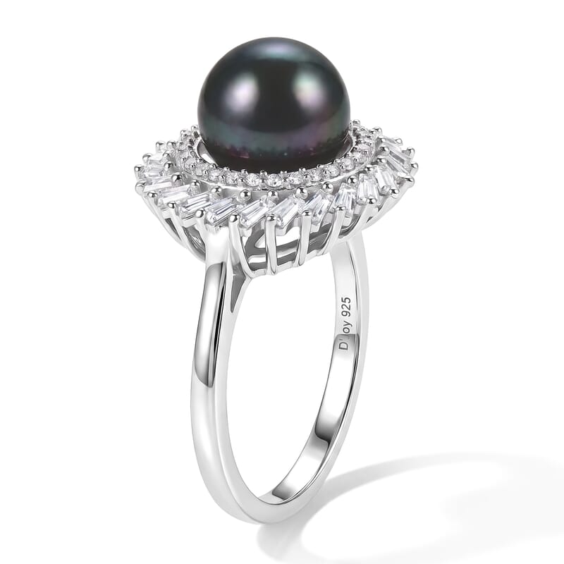 D'Joy Premium Tahitian Pearl and Moissanite 1.40 ctw Halo Ring in Rhodium Over Sterling Silver (Size 10.0)