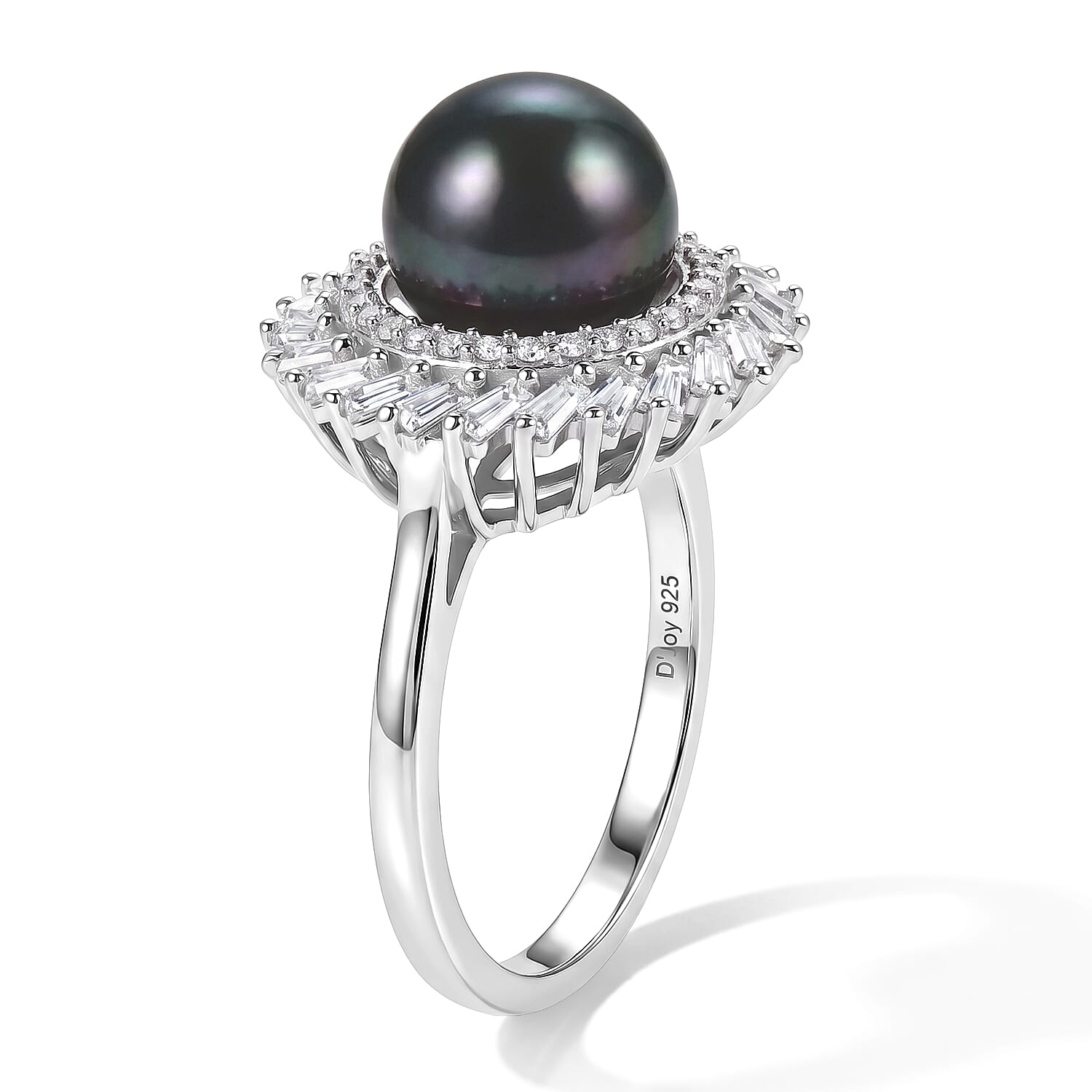 D'Joy Premium Tahitian Pearl and Moissanite 1.40 ctw Halo Ring in Rhodium Over Sterling Silver (Size 9.0)