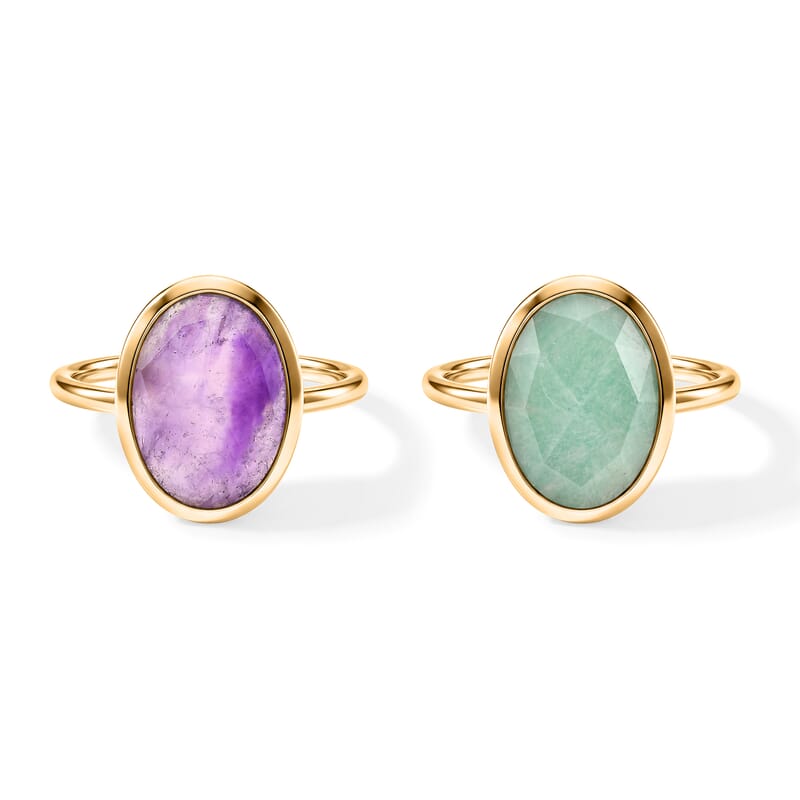 Amethyst and Amazonite Set of 2 Ring in Goldtone (Size 7.0) 7.9ctw