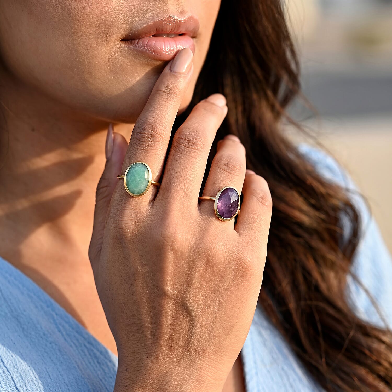 Amethyst and Amazonite Set of 2 Ring in Goldtone (Size 7.0) 7.9ctw