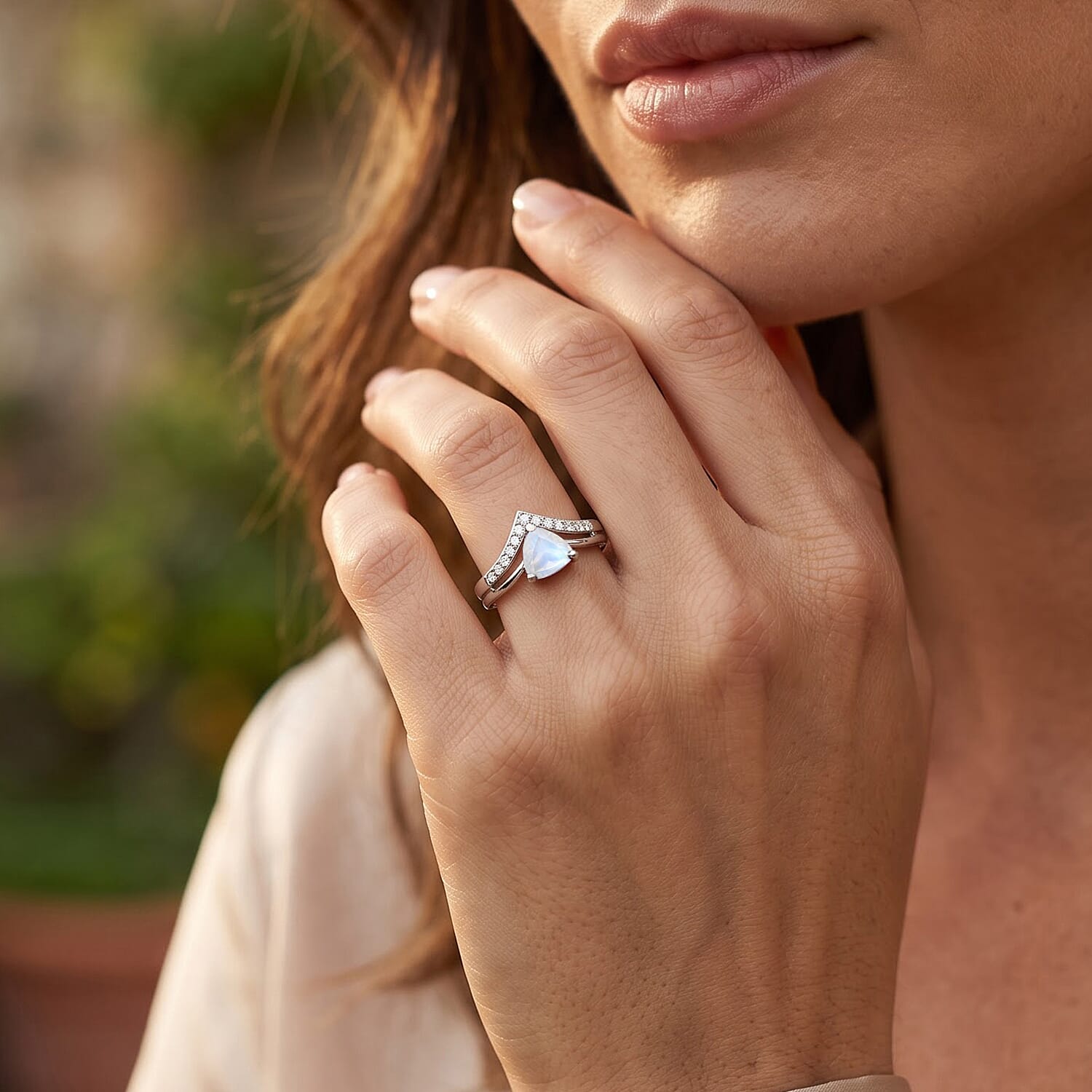 D'Joy Rainbow Moonstone and White Zircon 0.60 ctw Ring in Rhodium Over Sterling Silver (Size 8.0)