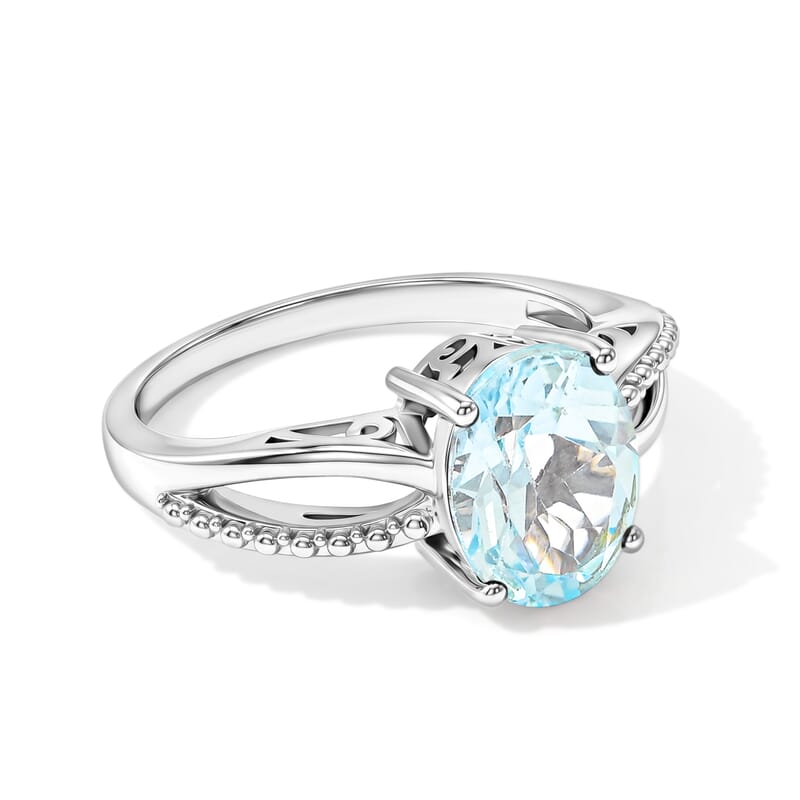 Simulated Blue Diamond Oval Solitaire Ring in Sterling Silver (Size 7.0)