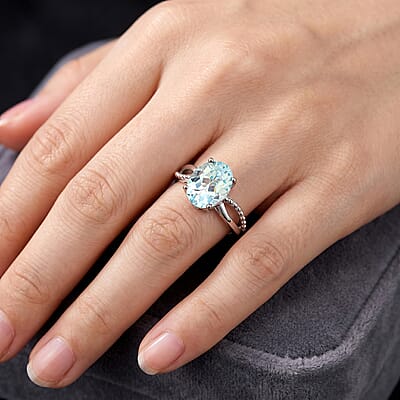 Simulated Blue Diamond Oval Solitaire Ring in Sterling Silver (Size 8.0)