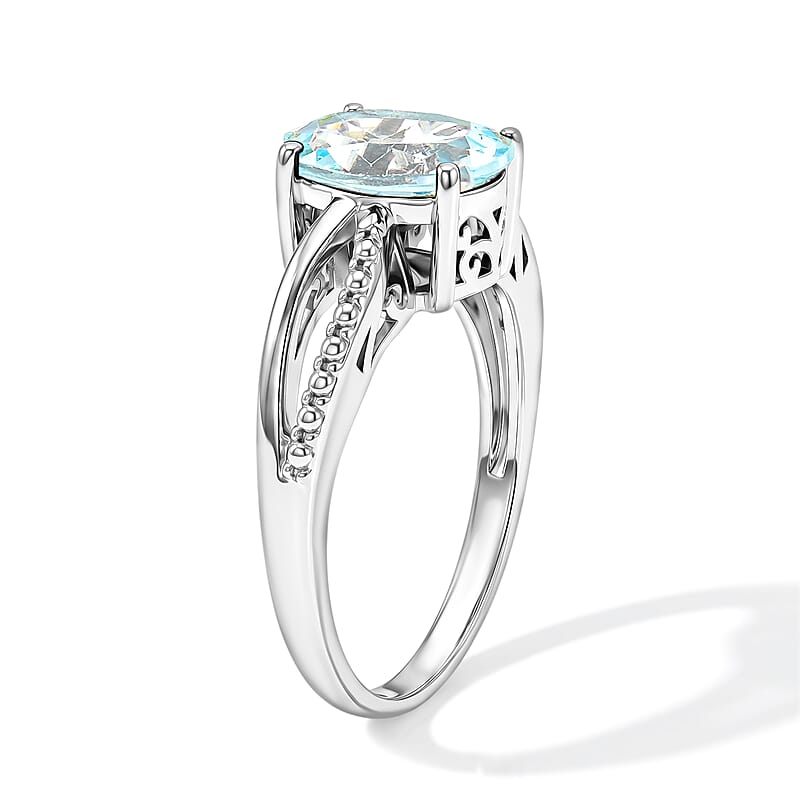 Simulated Blue Diamond Oval Solitaire Ring in Sterling Silver (Size 8.0)
