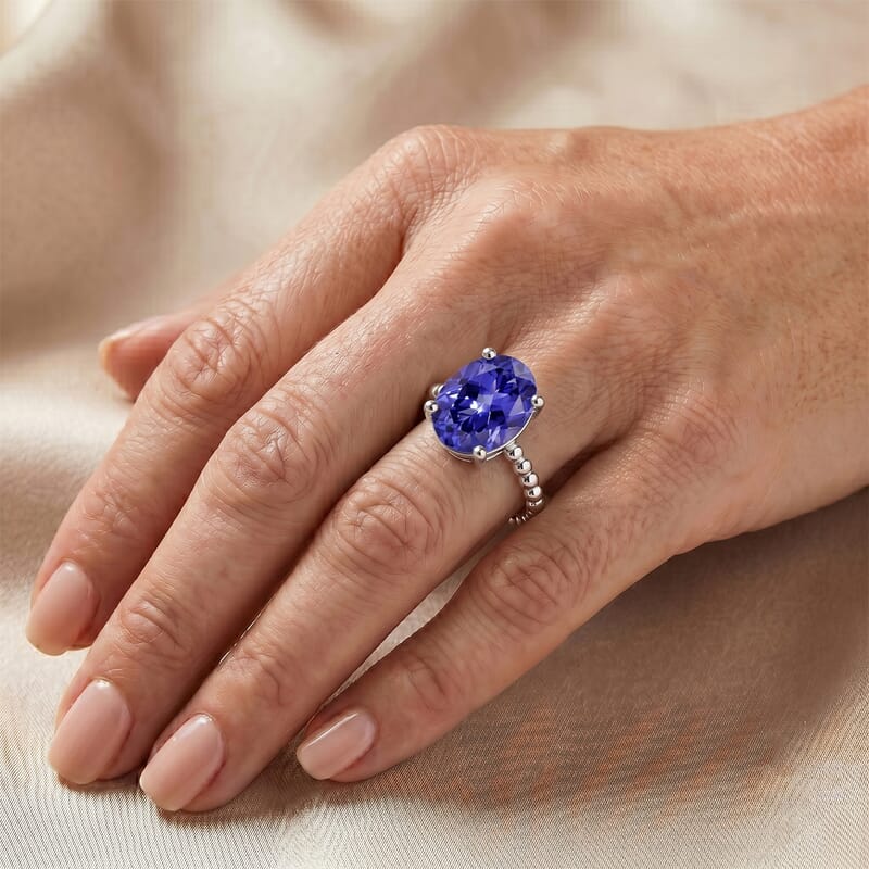 Simulated Blue Diamond Oval Solitaire Ring in Sterling Silver (Size 6.5)