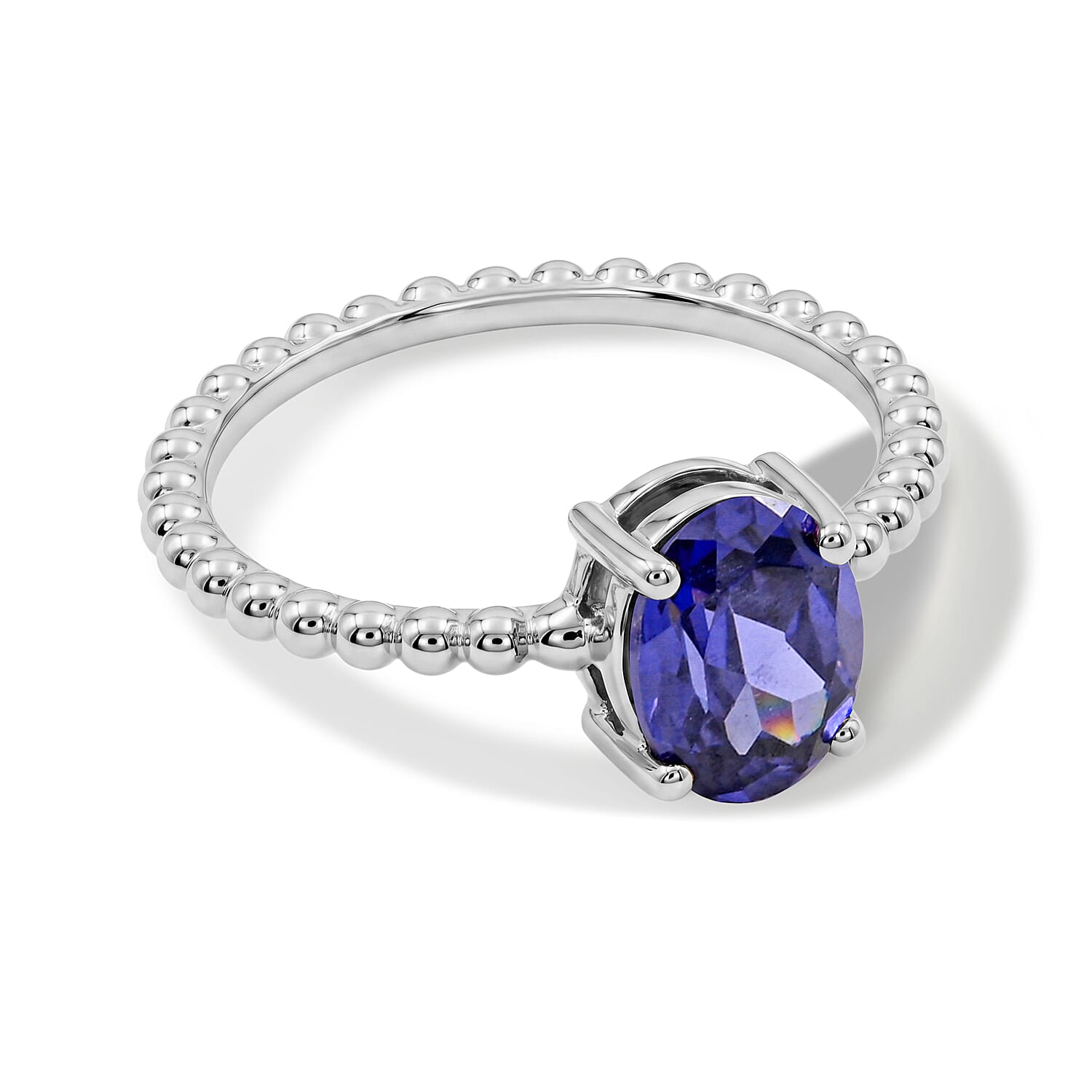 Simulated Blue Diamond Oval Solitaire Ring in Sterling Silver (Size 6.5)