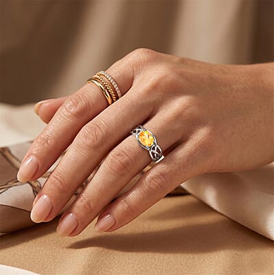 Simulated Yellow Diamond Oval East West Solitaire Ring in Sterling Silver (Size 7.0)