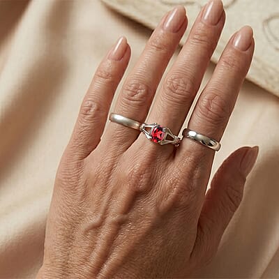 Simulated Red Diamond Oval Solitaire Ring in Sterling Silver (Size 7.0)