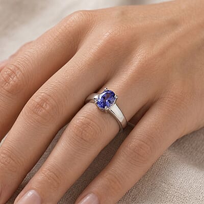 Simulated Blue Diamond Oval Solitaire Ring in Sterling Silver (Size 7.0)