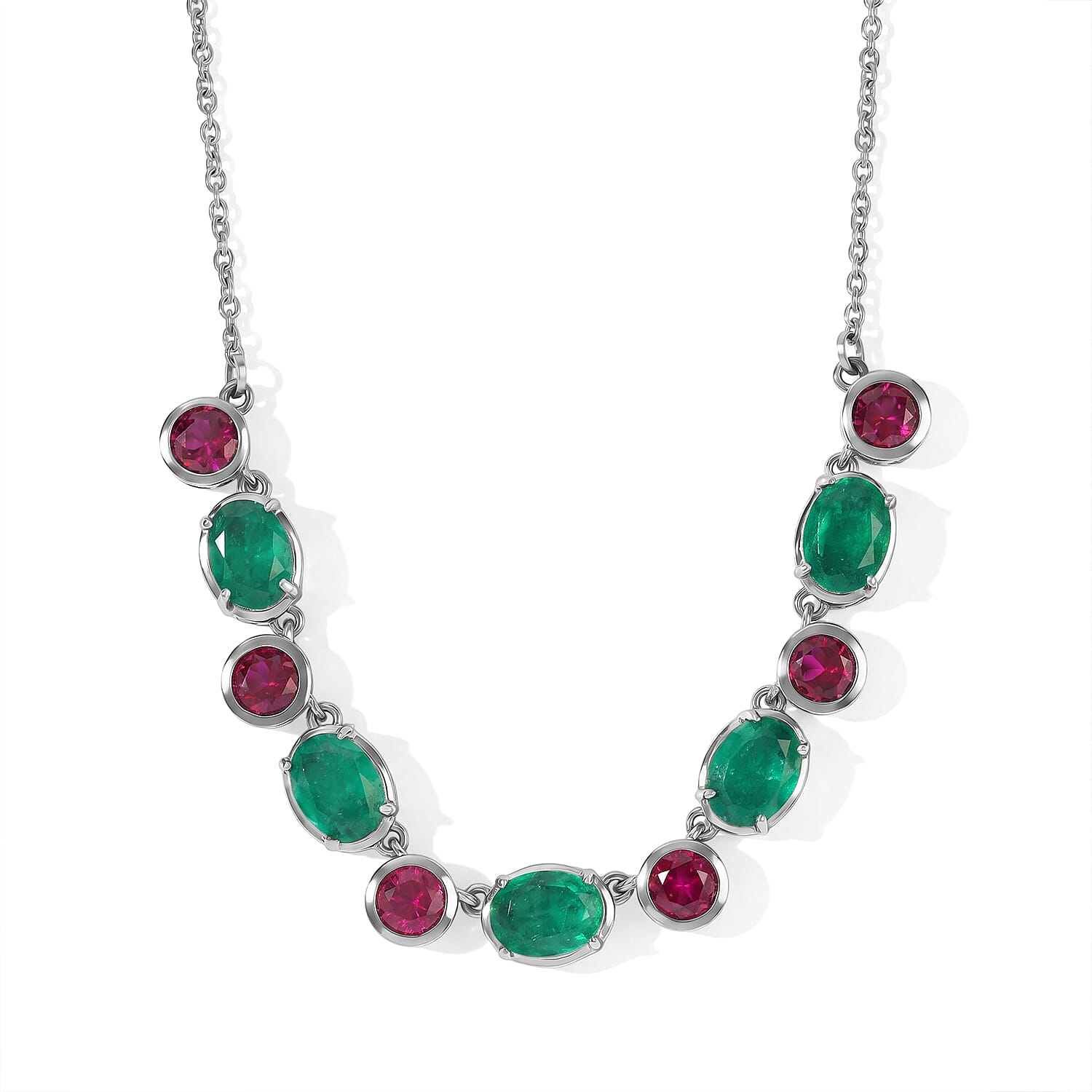 EverTrue Emeraldine Quartz (Triplet) and Lab Grown Ruby 11.10 ctw Necklace (18 Inches) in Platinum Bond with Stainless Steel