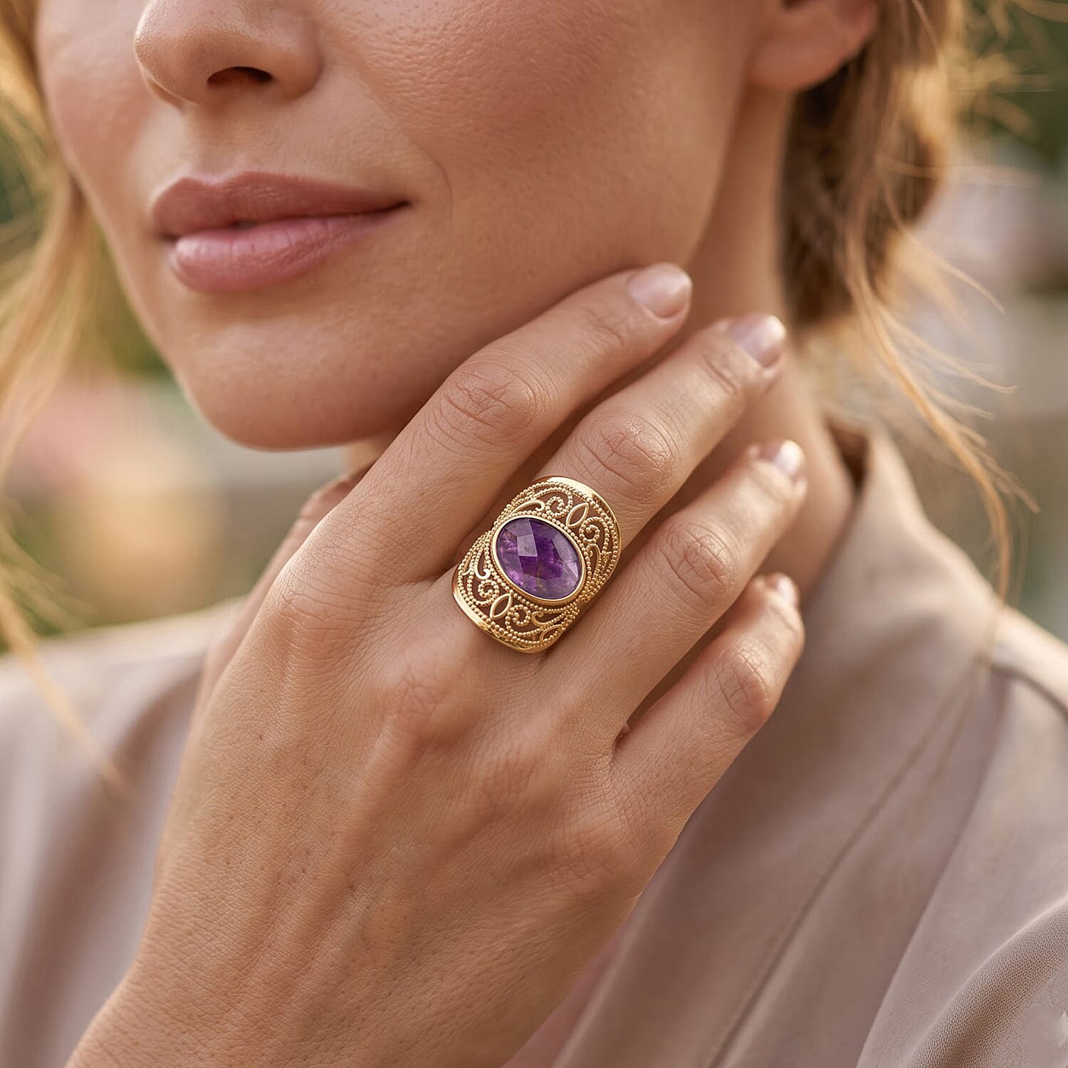 Purple Amethyst Oval Ring in Goldtone (Adjustable) 5ctw