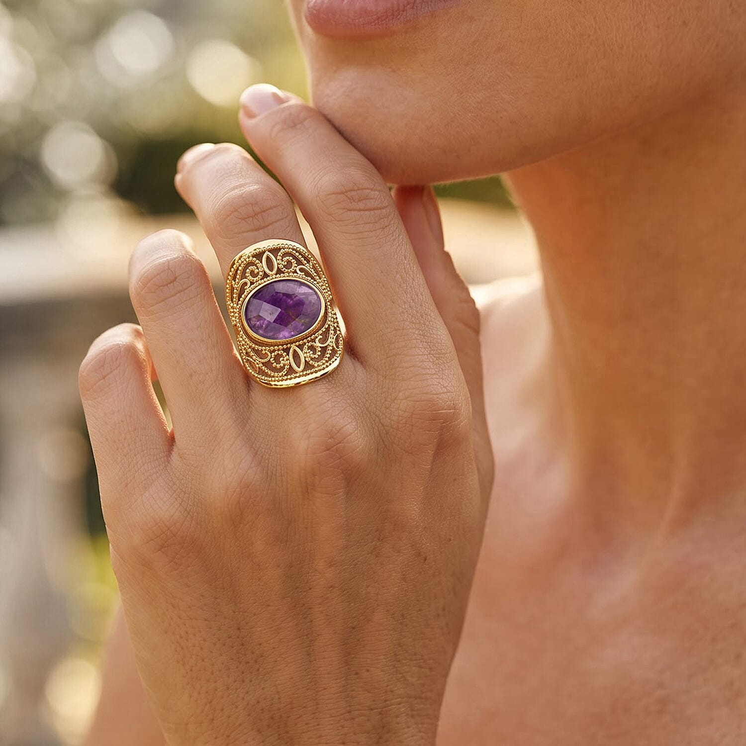 Purple Amethyst Oval Ring in Goldtone (Adjustable) 5ctw